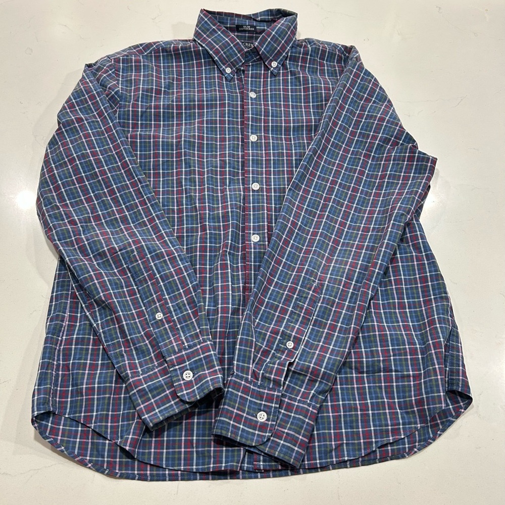 J Crew Button Up Shirt Mens L Slim Blue Red Plaid Long Sleeve Preppy